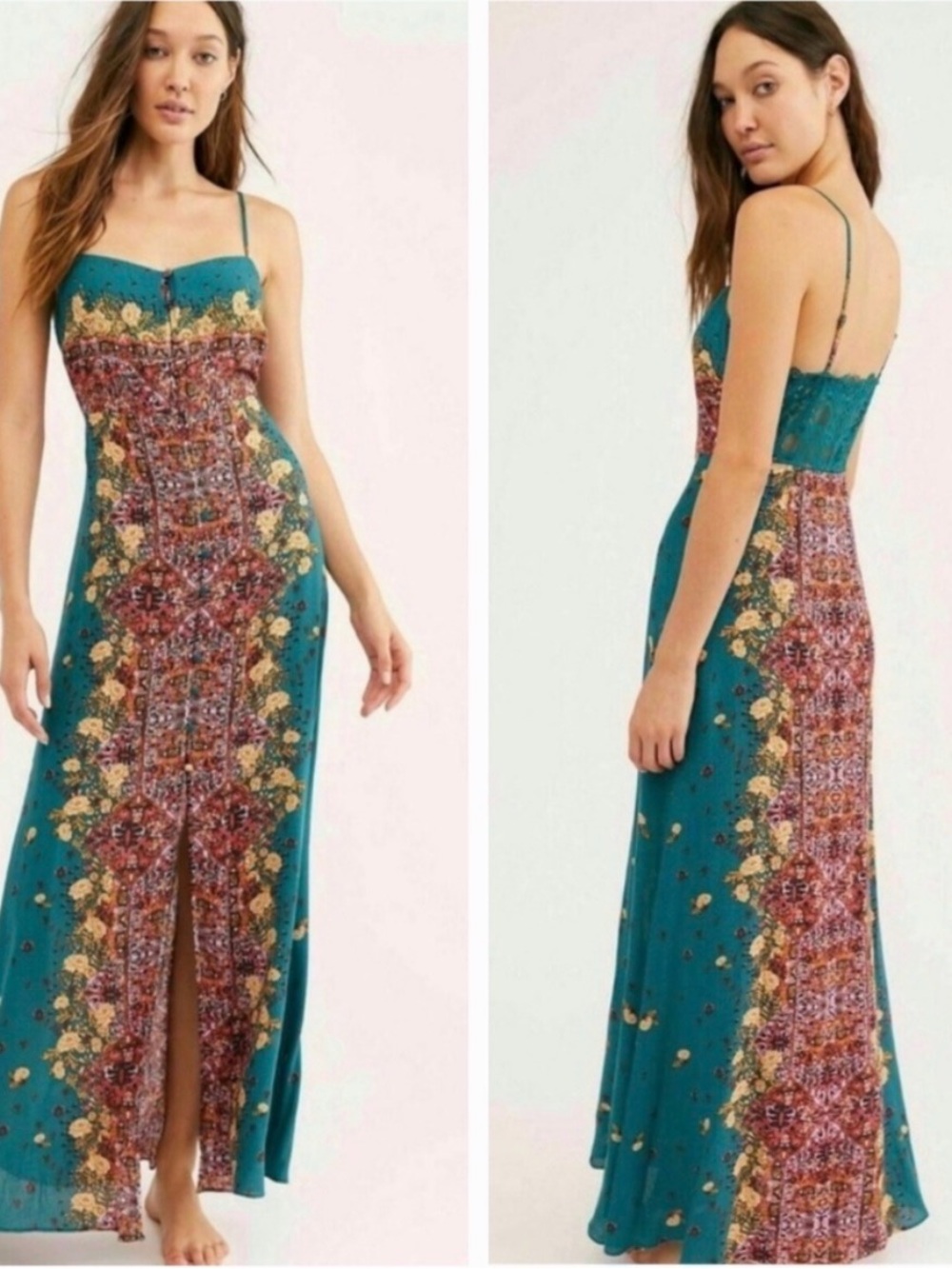 Free People Morning Song Boho Jade Combo Maxi Dress  Size S